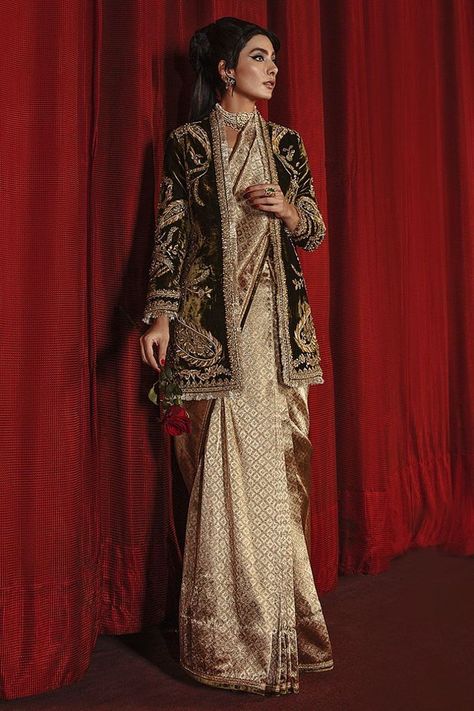 12 Different Ways To Wear A Jacket With A Saree! | WedMeGood Mohsin Naveed Ranjha, Saree Jacket Designs, Green Velvet Jacket, Saree Jackets, 22 November, Bridal Dress Design, Stylish Party Dresses, Pakistani Designers, Indian Fashion Dresses