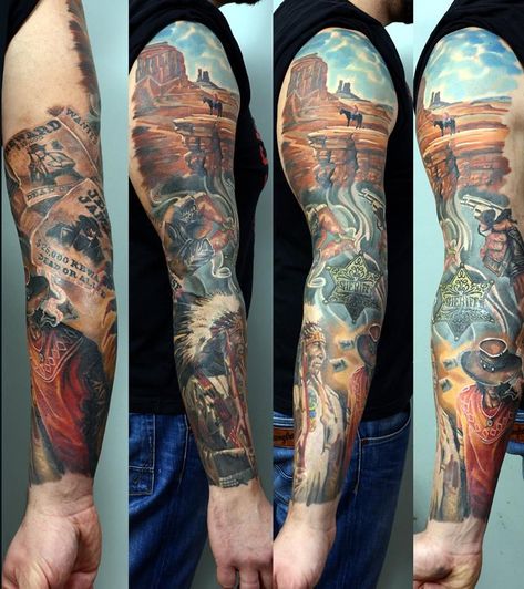 Cowboys And Indians Tattoo, Cowboy And Indian Tattoo, Tattoo Sleeve Women, Salvation Tattoo, Cowboy Tattoos, Western Tattoos, C Tattoo, Forearm Sleeve Tattoos, Half Sleeve Tattoos For Guys