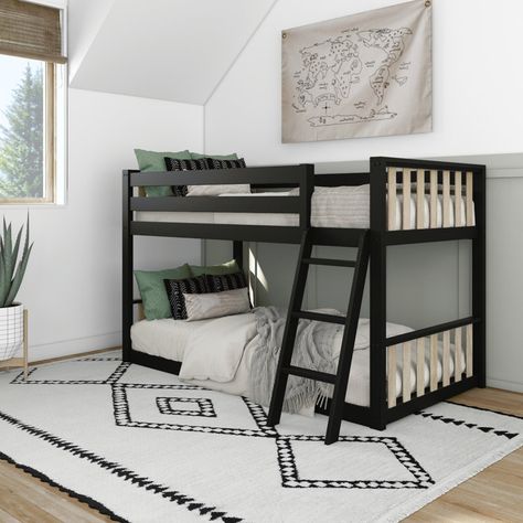 George Oliver Lievin Twin over Twin Solid Wood Standard Bunk Bed & Reviews | Wayfair Black Bunk Beds For Girls Room, Little Boys Shared Bedroom, Black Bunk Bed, Twin Bed Frames, Black Bunk Beds, Low Bunk Bed, Bunk Bed Room, Shared Nursery, Kid Bed