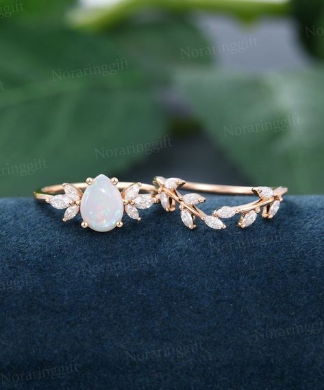 Pear Shaped Opal Engagement Ring Set Vintage Rose Gold Wedding - Etsy Vintage Wedding Rings Rose Gold, Opal Engagement Ring Set, Moonstone Engagement Ring Set, Marriage Ring, Opal Engagement Ring, Moissanite Bridal Sets, Diamond Wedding Rings Sets, Vintage Rose Gold, Moonstone Engagement