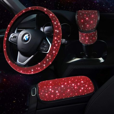 TZARROT Red Bling Car Accessories Set for Women, Bling Steering Wheel Cover for Women Universal Fit 15 Inch, Rhinestone Center Console Cover, Bling Gear Shift Cover, Crystal Car Decor Set 3pc Red Interior Car, Bling Car, Bling Car Accessories, Car Deco, Car Decorations, Car Accessories For Women, Car Mods, Car Steering Wheel Cover, Red Car