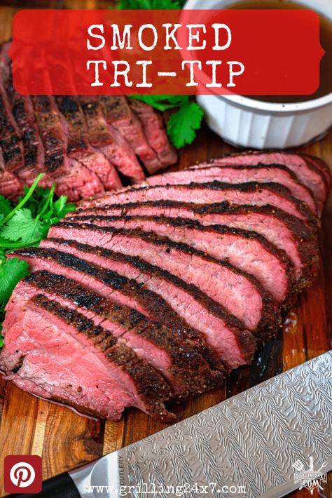 sliced bee Tri Tip served on a cutting board with au jus Smoked Tri Tip, Beef Tri Tip, Pellet Grill Recipes, Traeger Recipes, Smoked Beef, Tri Tip, Grill Recipes, Healthy Gluten Free Recipes, Smoker Recipes