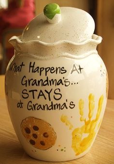 Handprint Pottery Ideas | ... happens at Grandma's, stays at Grandma's" #cookie_jar . #handprint_art Handprint Pottery Ideas, Handprint Cookie Jar, Mothers Day Pottery Ideas, Ceramic Handprint Ideas, Mother’s Day Diy For Grandmother, Diy Cookie Jar For Grandma, Mother’s Day Pottery Ideas, Granny Cookie Jar, Cookie Jar Ideas