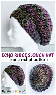 My Hobby Is Crochet: Echo Ridge Slouch Hat - Free Crochet Pattern Crochet Slouchy Hat Free Pattern, Slouch Hat Crochet Pattern, Slouchy Hat Crochet Pattern, Pola Topi, Crochet Beanie Pattern Free, Crochet Adult Hat, Crochet Slouch Hat, Crochet Slouchy Hat, Easy Crochet Hat