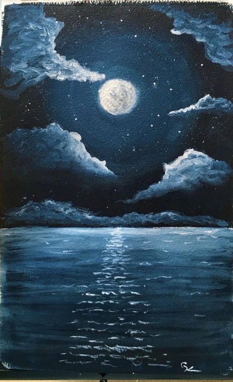 Moon Over The Ocean Painting, Ocean Clouds Painting, Night Skies Drawing, Moon And Beach Painting, Water Scenery Drawing, Night Ocean Painting Acrylic, Moonlit Ocean Painting, Moon And Water Painting, Moon Sea Painting