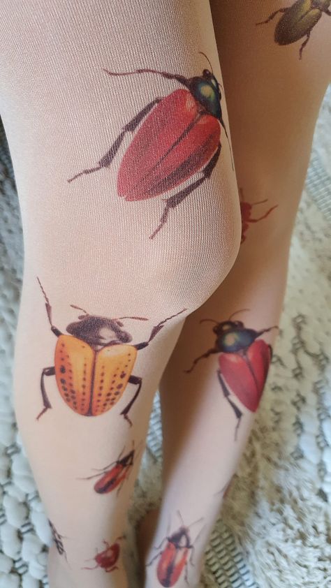 Weird Tights Outfit, Bug Core Outfits, Bug Outfit Aesthetic, Beetle Clothes, Weird Tights, Whimsy Twee Fashion, Fun Tights Outfit, Purple Tights Outfit, New Wave Outfits