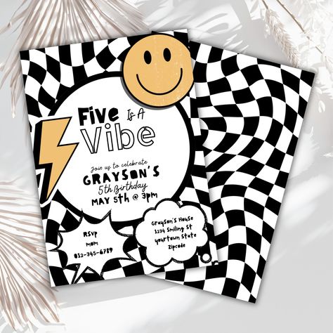 Gather your crew and get ready to  party with these cool five is an vibe invitations! This fun and unique invitation features a punk skater smiley design that is perfect for any little boy's birthday party. The invitation has two sides and can be edited in Canva and then sent digitally or printed  to send to guests with the convenience of this instant download. THIS IS A DIGITAL CANVA TEMPLATE. YOU WILL NOT RECEIVE A PHYSICAL ITEM. YOU CAN CUSTOMIZE ALL TEXT WITH FONT SIZES AND COLORS IN CANVA T 5 Themed Birthday Party, Boys Fifth Birthday Party Ideas, 5th Birthday Themes Boy, Smiley Birthday Party, Boys 5th Birthday Theme, 5th Birthday Party Themes, 5 Is A Vibe Birthday Party Boy, Five Is A Vibe Birthday Party Boy, Five Year Old Birthday Theme