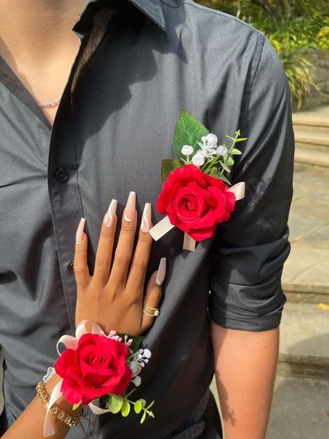 Corsage For Red Dress Prom, Red Prom Dress Corsage, Corsage For Red Dress, Corsage Prom Red, Prom Flowers Red Dress, Red Prom Flowers Corsage, Red Corsage And Boutonniere, Red Flower Corsage, Red Flower Corsage Prom