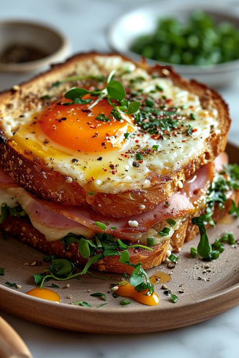 Indulge in a gourmet, gluten-free twist on the classic French Croque Madame. This delicious sandwich features layers of savory ham, melted Gruyère cheese, and a creamy béchamel sauce, topped with a perfectly cooked egg. It's a hearty and satisfying meal that adheres to the Whole Health Flexi-Plan diet, ensuring you enjoy classic flavors without the gluten. Delicious Savory Food, Breakfast Ideas Fancy, Brunch Sandwich Ideas, Egg Sandwich Ideas, Fancy Breakfast Ideas, Sandwich Gourmet, Sandwich With Egg, Gourmet Brunch, Egg Meals