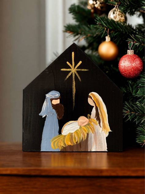 Nativity Wood Sign, Angel Painted On Wood, Rock Painting Nativity, Painted Nativity Scene On Wood, Wooden Nativity Diy, Mary And Joseph Craft, Diy Manger Nativity, Diy Christian Decor, Wood Block Nativity