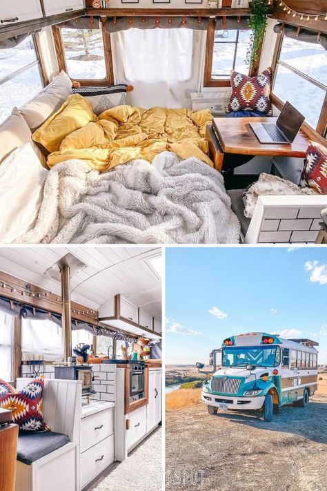 This Skoolie (School Bus Conversion), Little Gus The Bus, oozes stylish design and picturesque features. Bus Living Aesthetic, School Bus House Ideas, Small Skoolie Conversion, Skoolie Bedroom Ideas, Short Bus Conversion Layout, School Bus Living, School Bus Renovation, Renovated School Bus, Skoolie Bathroom