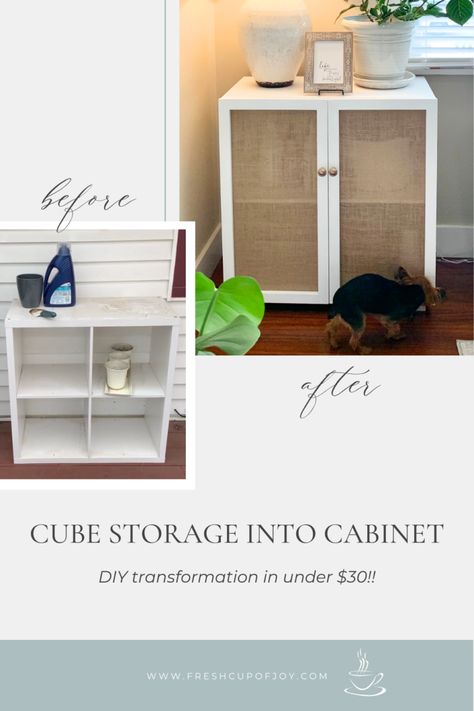 DIY Cube Storage Makeover: $30 Ikea Hack - Fresh Cup of Joy | Home, Lifestyle, Food Cube Shelf Nightstand, Ikea 4 Cube Storage, Adding Doors To Cube Storage, Diy Cube Storage Makeover, Cube Storage Makeover, Cube Ikea, Cubby Makeover, Ikea Cube, Ikea Cube Shelves