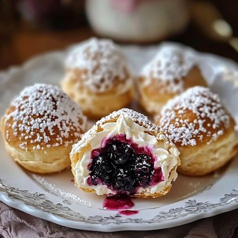 Cream and Berry-Filled Pastry Balls Sausage Pie Recipe, Lemon Baked Cod, Sausage Pie, Pastries Recipes Dessert, Peach Cookies, Beer Bread Recipe, Slow Cooker Baking, Cream Puff Recipe, Puff Pastry Desserts