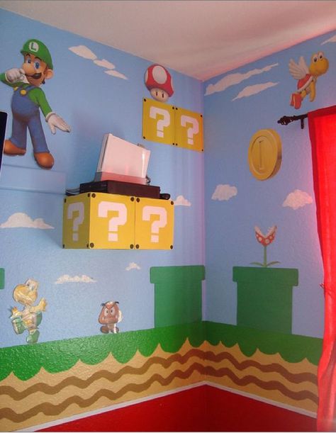 Super Mario Bros Bedroom. I want to do this to Gavin's bedroom Super Mario Bros Bedroom, Mario Bros Bedroom, Mario Bros Room, Nintendo Room, Super Mario Room, Mario Room, Brothers Room, Super Mario Brothers, Gamer Room