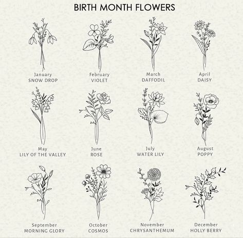 Birth Flower For March, December Month Flower, North Month Flowers, Crisamthmum Tattoo, October Month Flower, July Birth Month Flower Tattoo, Birth Month Flower Chart, April Flower Tattoo Birth Month, Flowers For November