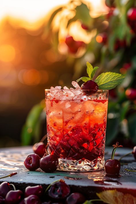 Cherry Whiskey Smash Cherry Bourbon Smash, Cherry Whiskey, Whiskey Smash, Bourbon Smash, Whiskey Cake, Mint Simple Syrup, Refreshing Cocktail, Refreshing Drinks Recipes, Frozen Cherries