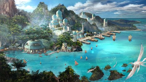 Song Artwork, Elf City, Water Temple, Episode Backgrounds, Harbor City, Sci Fi City, Fantasy Rooms, Fantasy Decor, Scene Art