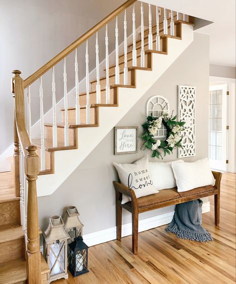 Bench Beside Staircase, Beside The Stairs Ideas, Stair Bench Entryway, Bench By Staircase, Stair Entrance Decor, Bottom Staircase Decor, Bench Under Stairs Entryway, Entryway Decor Under Stairs, Bench Stairs Entryway