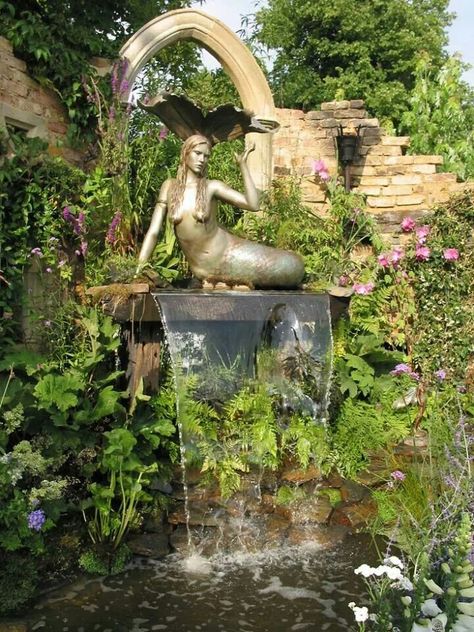 . Garden Art Sculptures Statues, Casa Dos Hobbits, Fairytale Life, Case In Pietra, Mermaid Statues, Dream Place, Mermaid Decor, Water Features In The Garden, Garden Fountains