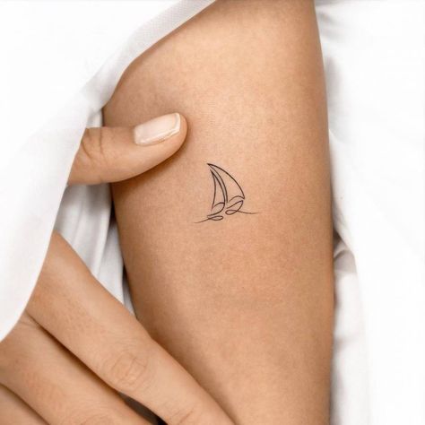 Small Sail Boat Tattoo Simple, Single Line Sailboat Tattoo, Minimal Boat Tattoo, Cute Boat Tattoo, Sailing Tattoos For Women, Boating Tattoo, Catamaran Tattoo, Boat Tattoo For Women, Small Boat Tattoo