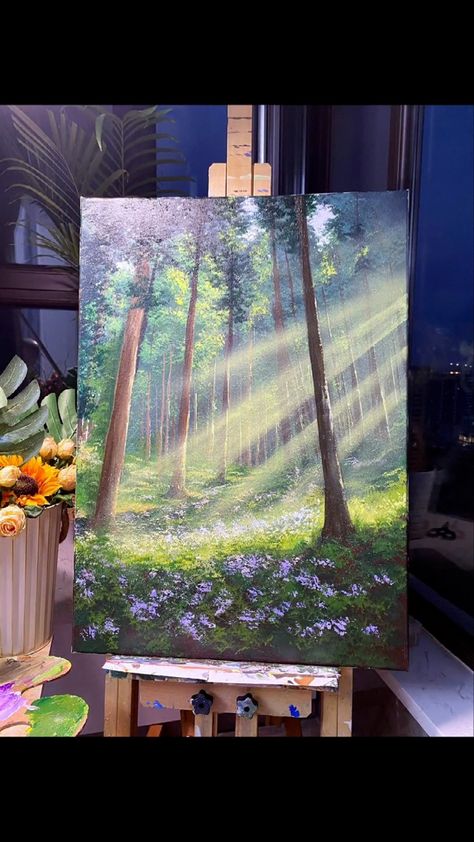 Sunlight Painting, Painting Forest, Forest Painting, Art Painting Acrylic, On The Ground, The Scene, Acrylic Paint, Light In The Dark, Vivid Colors