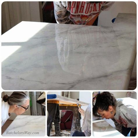 High-Level DIY Finishing Skills: Faux Marble Countertops on the Cheap - Core77 Pentagon Design, Faux Marble Paint, Faux Marble Countertop, Replacing Kitchen Countertops, Kitchen Remodel Countertops, Diy Kitchen Countertops, Outdoor Kitchen Countertops, Painted Post, Kitchen Countertop Materials