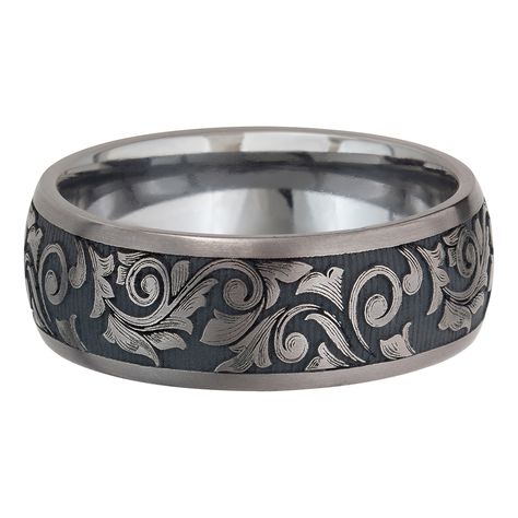 An air of ornate sophistication defines this laser-carved scroll wedding band in tantalum. Black Cerakote ceramic contrasts the artfully crafted pattern for optimal optics. Lightweight, crack-resistant and hypoallergenic, Tantalum boasts many strengths with an undeniable luster ideal for the modernist. Its alloy-free composition prevents corrosion and yields lasting color under extreme conditions. Cerakote finishes outperform conventional ceramic coatings with a unique formula used to enhance ha Mens Wedding Bands Black, Alternative Wedding Bands, Black Wedding Band, Helzberg Diamonds, Scroll Pattern, Rose Gold Wedding Bands, Men's Wedding Ring, Silver Wedding Bands, Matching Wedding Bands