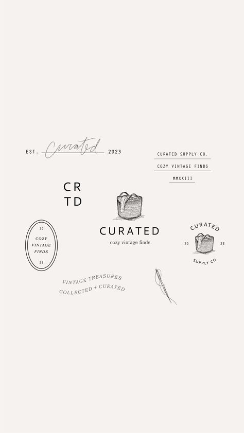 Curated is the home for all of your cozy, vintage, thrifted finds - a fictional brand inspired by the perfect thrift, a cozy fall or rainy spring day. brand design, feminine, thrifting, logo design, vintage, clothing brands, vintage brands, chic, minimal, custom illustrations, laundry basket illustration, clothes pin and laundry designs, woman-owned business, small business, iconography Brand Logos Fashion, Clothing Logo Design Fashion Brand Identity, Vintage Clothing Branding, Vintage Minimalism Graphic Design, Thrifting Illustration, Vintage Inspired Logo, Cozy Logo Design, Thrift Shop Logo, Thrift Logo