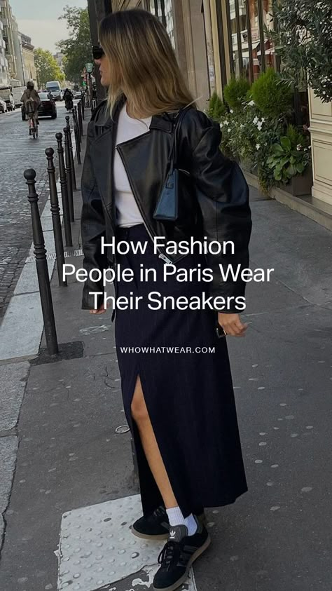 Parisian Outfit Sneakers, Sneakers Fashion Street Style, Black Sneakers With Dress Outfit, Dress And Black Sneakers Outfit, French Style Sneakers Outfit, Jordan 1 Outfit Women Red And Black, Street Style Sneakers Outfit, Styles With Sneakers Women, Black Sneakers Outfits Women