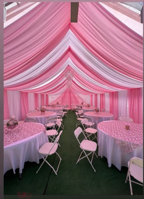 Pink And White Tent Draping, Pink Tent Draping, Pink Drapes Party, Sweet 15 Party Ideas Quinceanera Themes, Indian Wedding Mood Board, White Drapes Wedding, Aesthetic Bday Cakes, Party Tent Decorations, Tent Baby Shower