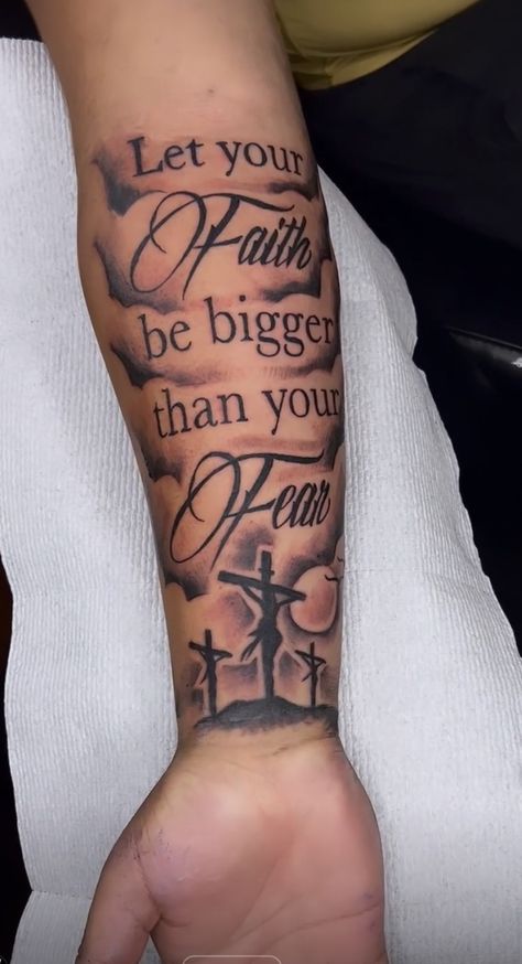 God Related Tattoos Forearm, When The Time Is Right I The Lord Tattoo, Tattoo Ideas For Men Forearm Bible Verse, Honor Tattoos For Men, Fear God Tattoo Men Bicep, First Forearm Tattoo Ideas Men, Make Forearm Tattoo, Angel Of Protection Tattoo, Men God Tattoos