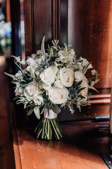 White Rose Thistle Bouquet, Wedding Flowers Winter Bouquets, Bouquet Wedding Winter, Snowy Wedding Bouquet, Winter Wedding Bouquet Uk, Wedding Flowers February, December Bouquet Wedding, Winter Wonderland Wedding Flowers, Dusky Blue Wedding Flowers