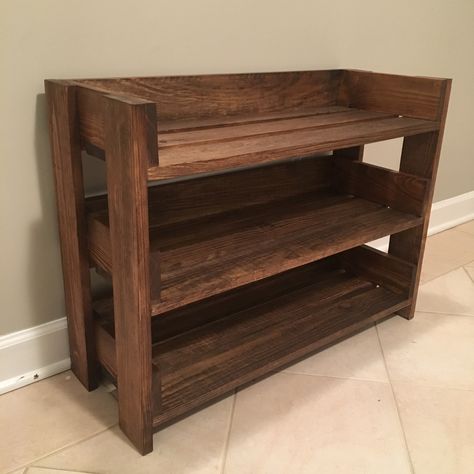 Simple diy shoe rack made from 1x4's and stained with minwax provincial Diy Wood Shoe Rack Closet, Woodwork Shoe Rack, Diy Western Shoe Rack, Cedar Shoe Rack, Diy Wood Shoe Rack Entryway, Diy Wood Shoe Storage, Diy Rustic Shoe Rack, Shoe Rack From Pallets Diy Ideas, Shoe Rack Pallet Diy