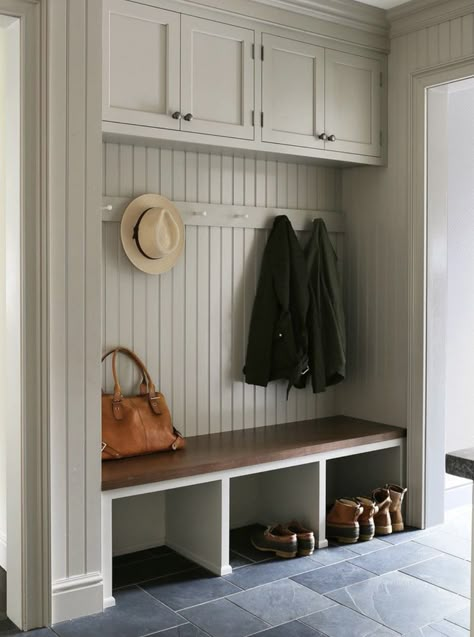 Galley Mudroom, Beadboard Mudroom, Oak Bench Seat, Boot Bench, Shoe Cubbies, Small Mudroom Ideas, Utility Room Designs, Mudroom Remodel, Entry Closet