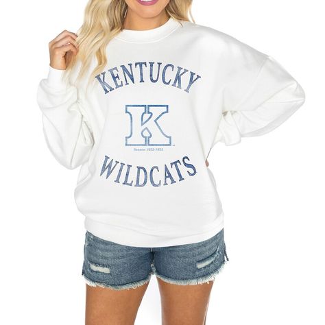 The Women's Gameday Couture White Kentucky Wildcats Good Vibes Premium Fleece Drop Shoulder Pullover Sweatshirt is the perfect way to show your support for the Kentucky Wildcats. Made from a soft and comfortable cotton and polyester blend, this sweatshirt features distressed screen print graphics that give it a vintage look. The midweight top is suitable for moderate temperatures, making it perfect for game days or any day you want to show your Wildcats pride. The pullover design makes it easy t Gameday Couture, Kentucky Wildcats, Pullover Designs, Crimson Tide, Alabama Crimson Tide, Crew Sweatshirts, White Sweatshirt, Grey Sweatshirt, West Virginia