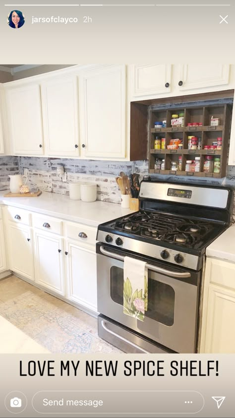 Over the stove spice rack. Inspo from @jarsofclayco on IG Over The Stove Organization, Behind The Stove Spice Rack, Spice Rack Ideas Over Stove, Spice Rack Above Stove Diy, Over Stove Organization, Over The Oven Spice Rack, Over Stove Spice Rack Diy, Over The Stove Storage, Spice Organization Above Stove