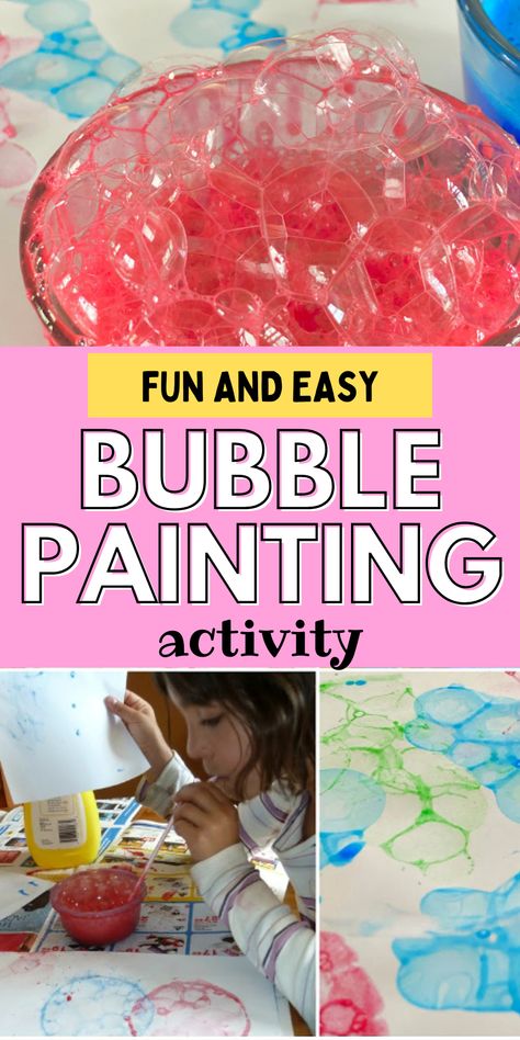 How to have a bubble painting activity. How to paint with bubbles. Easy tips for painting with bubbles. Balloon Pop Painting, Painting With Bubbles Preschool, Straw Bubble Painting, Bubble Painting With Straws, Bubbles Crafts Preschool, Bubble Painting Easy, Bubble Experiments For Kids, Blowing Activities For Kids, Bubble Crafts Preschool