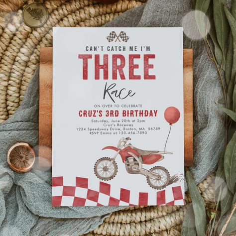 Can't Catch Me Dirt Bike Boy 3rd Birthday Party Invitation  Zazzle Third Boy Birthday Party Ideas, Red Dirt Bike, Boy 4th Birthday, Need Four Speed, Boy 3rd Birthday, Dirt Bike Birthday Party, Motorcycle Birthday Parties, Third Birthday Boys, Bike Boy