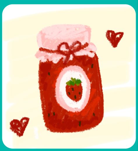 Strawberry Jam Drawing, Strawberry Doodle Aesthetic, Cute Strawberry Doodle, Cute Fruit Art, Strawberry Slice Drawing, Strawberry Cute Drawing, Strawberry Art Cute, Strawberry Jam Aesthetic, Strawberry Drawing Cute