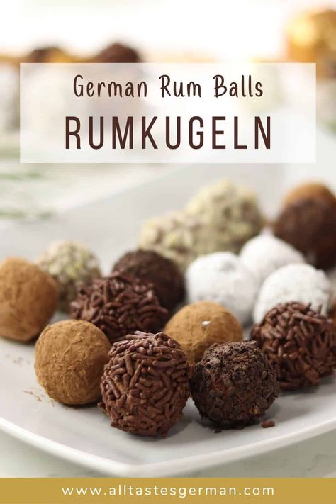 German rum balls are delicious, boozy little chocolate truffles that everybody just adores. They make a wonderful Christmas treat and are also the perfect hostess gift and stocking stuffer. Rum Chocolate Truffles, German Rum Balls Recipe, Truffles With Alcohol, German Rum Balls, Boozy Candy Recipes, Rum Ball Recipe, Rum Truffles Recipe, Christmas Candy Balls, Rumchata Truffles