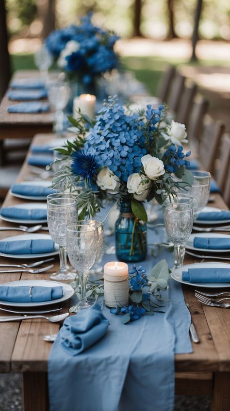 Beautiful Blue Wedding Ideas for Your Big Day Indian Wedding Blue Decor, Blue And White Wedding Theme Receptions, Rustic Blue And White Wedding, Blue Glasses Wedding, Blue Cottagecore Wedding, Wedding Reception Blue Theme, Boho Wedding With Blue, White And Blue Theme Wedding, Blue Theme Dinner Party