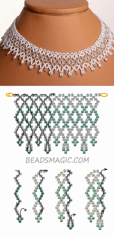 Free pattern for wedding necklace Dia 11/0 Diy Necklace Patterns, Beaded Necklace Patterns, Necklace Tutorial, Beaded Jewelry Tutorials, Necklace Patterns, Wedding Accessories Jewelry, Beaded Bracelet Patterns, Beaded Jewelry Patterns, Bead Jewellery