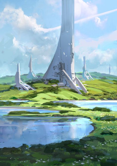 Megastructures Concept Art, Sci Fi Concept Art Landscape, Sci Fi Tower, Spaceship Concept Art, Future Environment, Futuristic Landscape, Science Fiction Design, Sci Fi Landscape, Sci Fi City