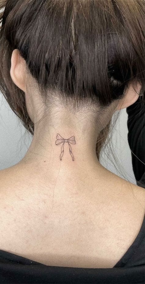 Small Tattoo Ideas, Simple Tattoos, finger tattoos, simple tattoo ideas, cute tattoo ideas, butterfly tattoos, dainty tattoos, tiny tattoo ideas, small meaningful tattoos Bow Tattoo Back Of Neck, Simple Tattoos Finger, Butterfly On Neck Tattoo, Tiny Bow Tattoo, Neck Tattoo Butterfly, Small Tattoo Ideas Simple, Dainty Neck Tattoo, Tattoo Ideas Small Meaningful, Tattoo Ideas Butterfly