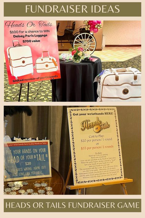 These photos show creative ideas to use in the fun and popular fundraiser game Heads Or Tails. This fundraiser is a variation of the coin toss game Heads Or Tails. It will entertain your guests and help raise additional funds before your live auction. Get more details about this fundraiser game in our blog and video: https://muradauctions.com/live-action-fundraiser-idea-heads-and-tails-game/ https://youtu.be/kU8b5P0lpo0 #fundraisergames #fundraiserideas #fundraisinggames #fundraisingideas Heads And Tails Game, Heads Or Tails Game, Heads Or Tails Game Fundraiser, Poker Drinks, Auction Games, Fundraising Games, Heads Or Tails, Fundraiser Party, Coin Toss