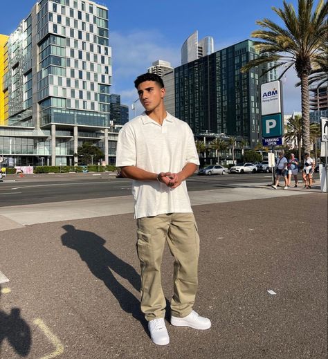 Outfits With Air Force Ones Men, Tall Guy Outfits Mens Fashion, Polo Shirt Outfit Men Street Styles, White Polo Shirt Outfit Men, Miami Outfits Men, Miami Mens Fashion, Night Out Outfit Men, White Polo Shirt Outfit, Air Force 1 Outfit Men