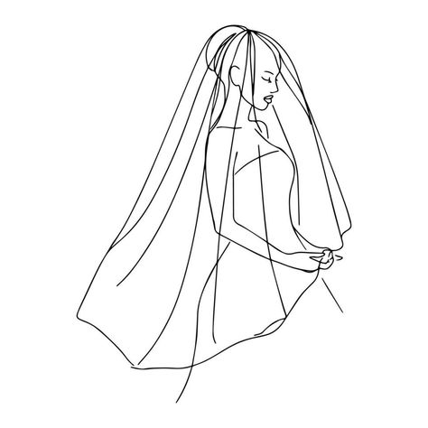 Bride in a wedding veil. Side view of a one line silhouette of a bride in a wedding dress. Continuous line hand drawn vector illustration for wedding, wedding party invitation Veil Sketch, Veil Illustration, One Line Silhouette, Line Silhouette, Wedding Party Invites, Hand Drawn Vector Illustrations, A Wedding Dress, Heart Tree, Continuous Line