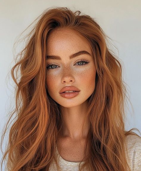 Copper Hair Makeup Looks, Autumn Hair Ideas, Ombre Hair Copper, Makeup Copper Hair, Copper Hair Makeup Ideas, Copper Hair Curtain Bangs, Blond Copper Hair, Natural Copper Hair Color, Autumn Color Hair