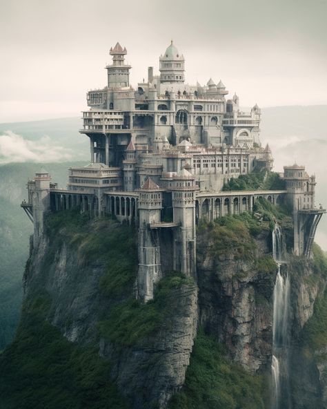 A gigantic castle is built on top of a mountain, giving its residents an unblocked view of the landscape. It is a photorealistic AI artwork generated with Midjourney. Castle Carved Into Mountain, Castle On Top Of Mountain, Mountain Building Architecture, Castle Built Into Mountain, House Built Into Mountain, Mountain Cities, Midevil Castle, Castle On A Mountain, Giant Castle