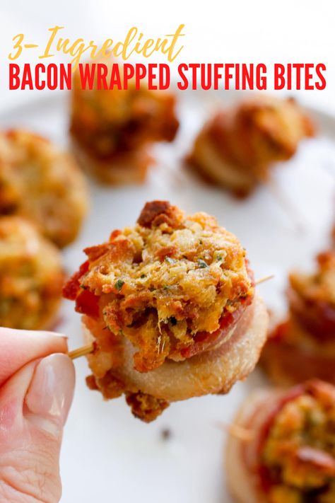 These 3-Ingredient Bacon Wrapped Stuffing Bites are the easiest Thanksgiving appetizer to make for a family dinner or party! Stuffing Wrapped With Bacon, Turkey Bacon Appetizers, Bacon Wrapped Stuffing Bites, Stuffing Bites Thanksgiving, Turkey Bites Appetizers, Thanksgiving Stuffing Appetizers, Stuffing Appetizer Recipes, Thanksgiving Small Bites, Stuffing Appetizer